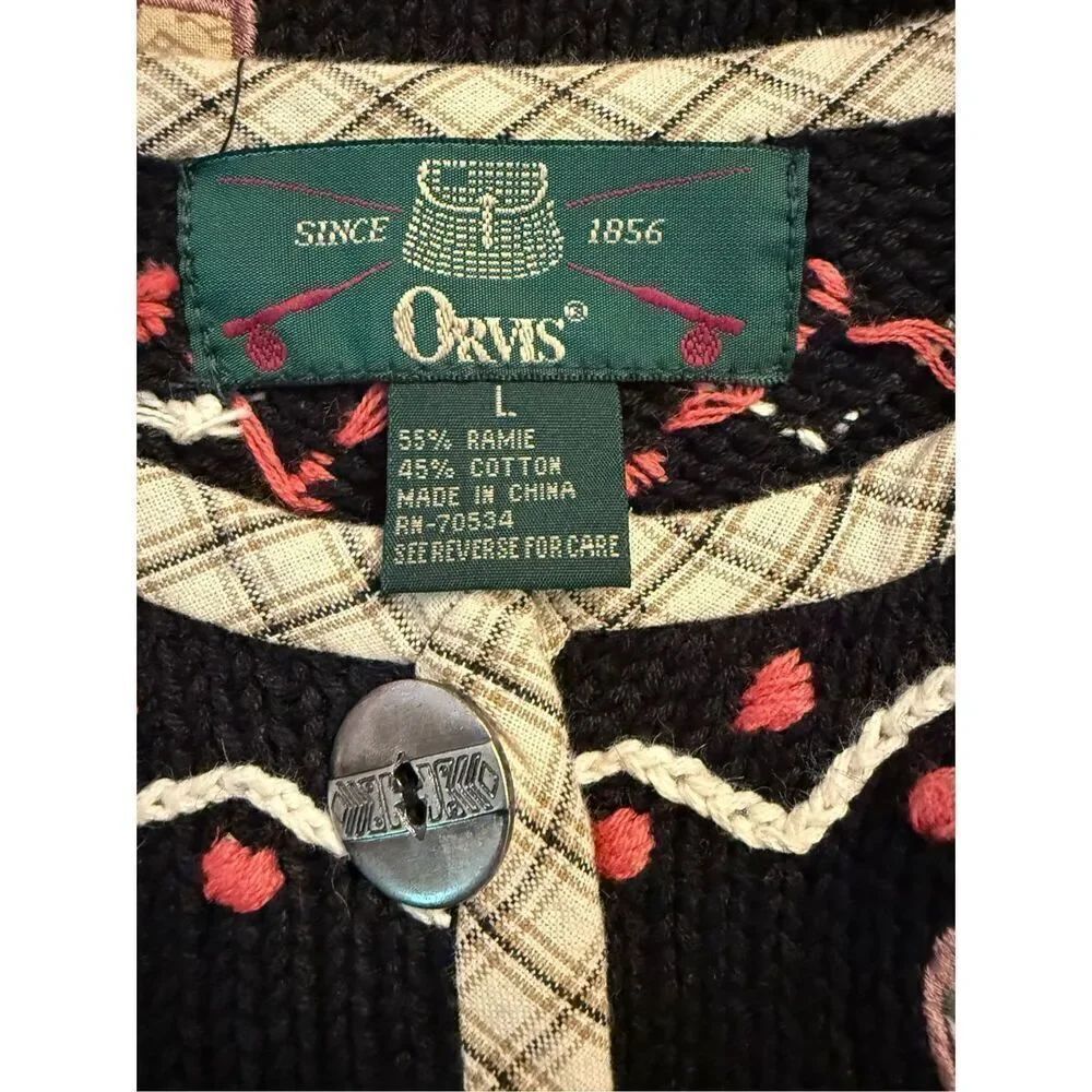 Orvis Cardigan Sz. L Appliqué Flowers & Elephants Vintage Chunky Ramie - Picture 10 of 12